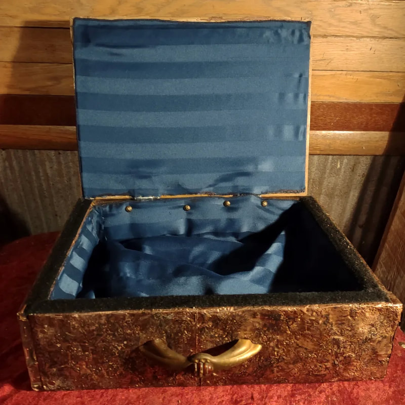 File case- made from parts of an antique wooden filing cabinet, antique handles and hardware, various vintage tacks and materials, sanded and polyurethaned sealed.